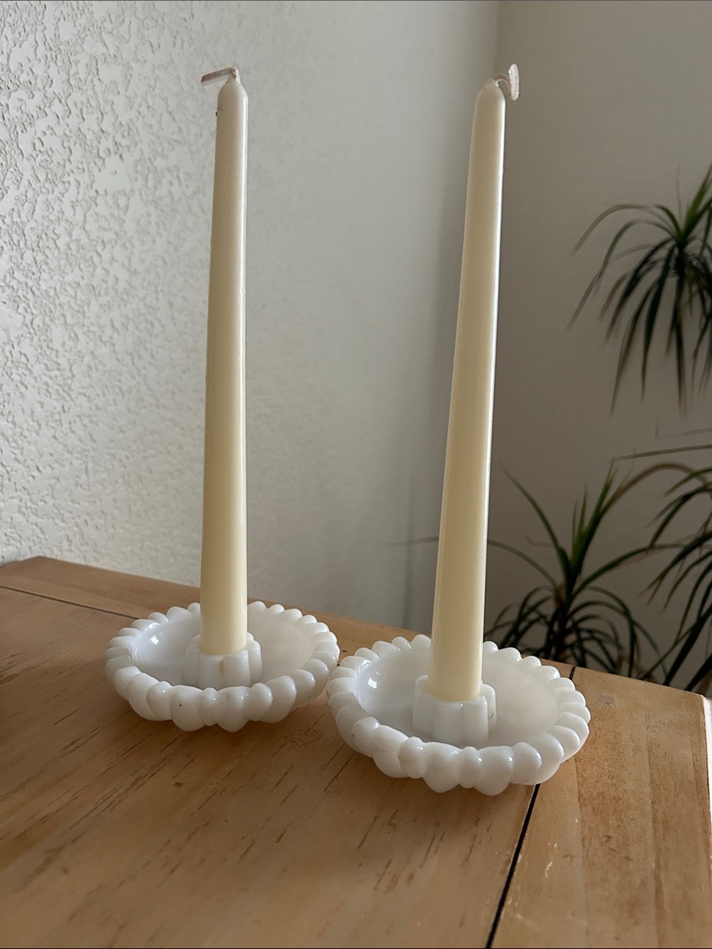Ivory Taper Candles with Milk Glass White Decorative Holders - Set of 2